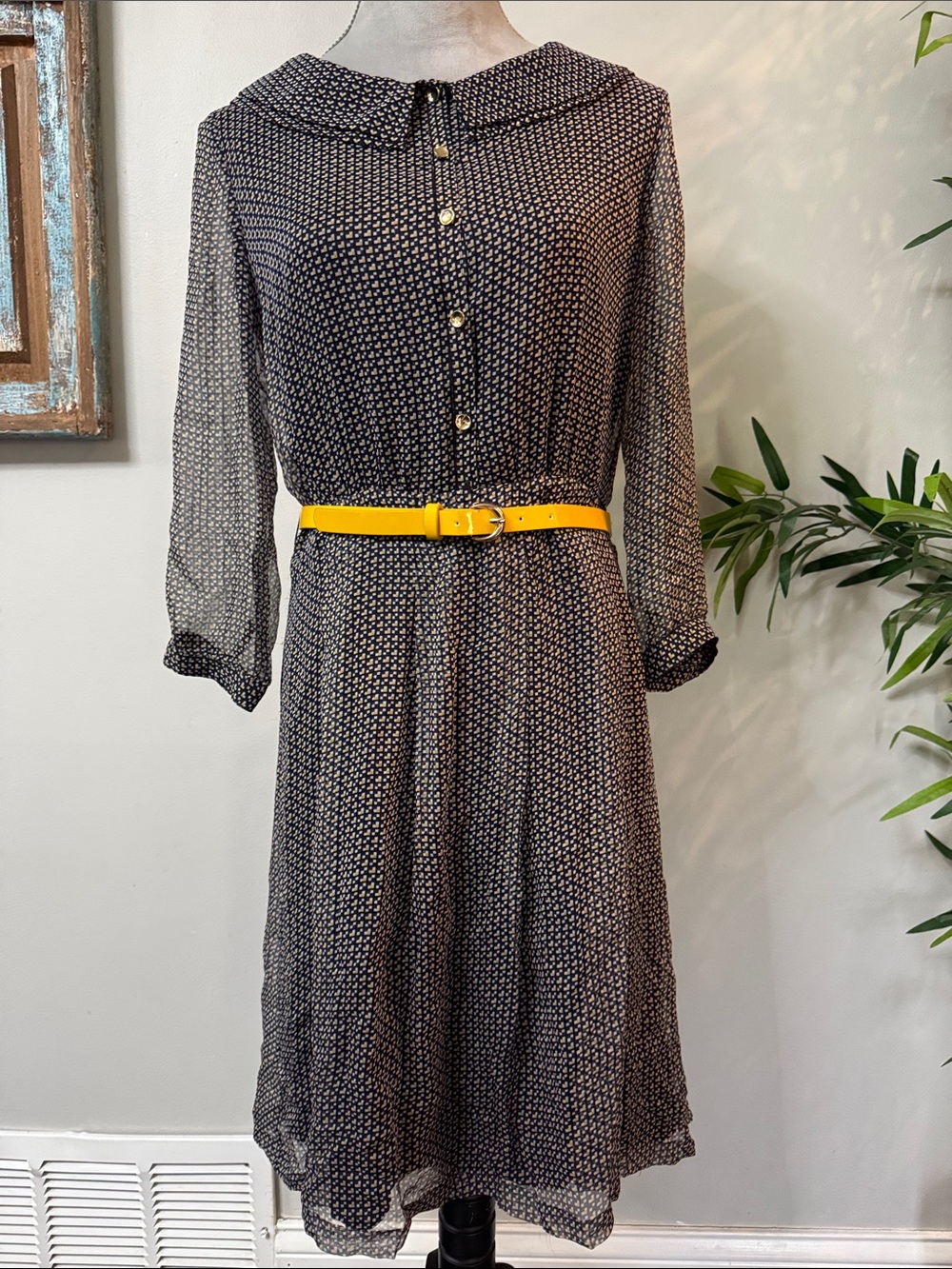 ANTONIO MELANI silk Patterned three quarter-Sleeve boho Dress with Yellow Belt